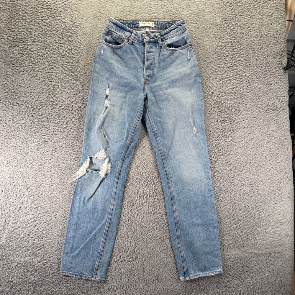 Abercrombie & Fitch Jeans Womens 0 Blue Denim Straight Dad Distressed Button-Fly